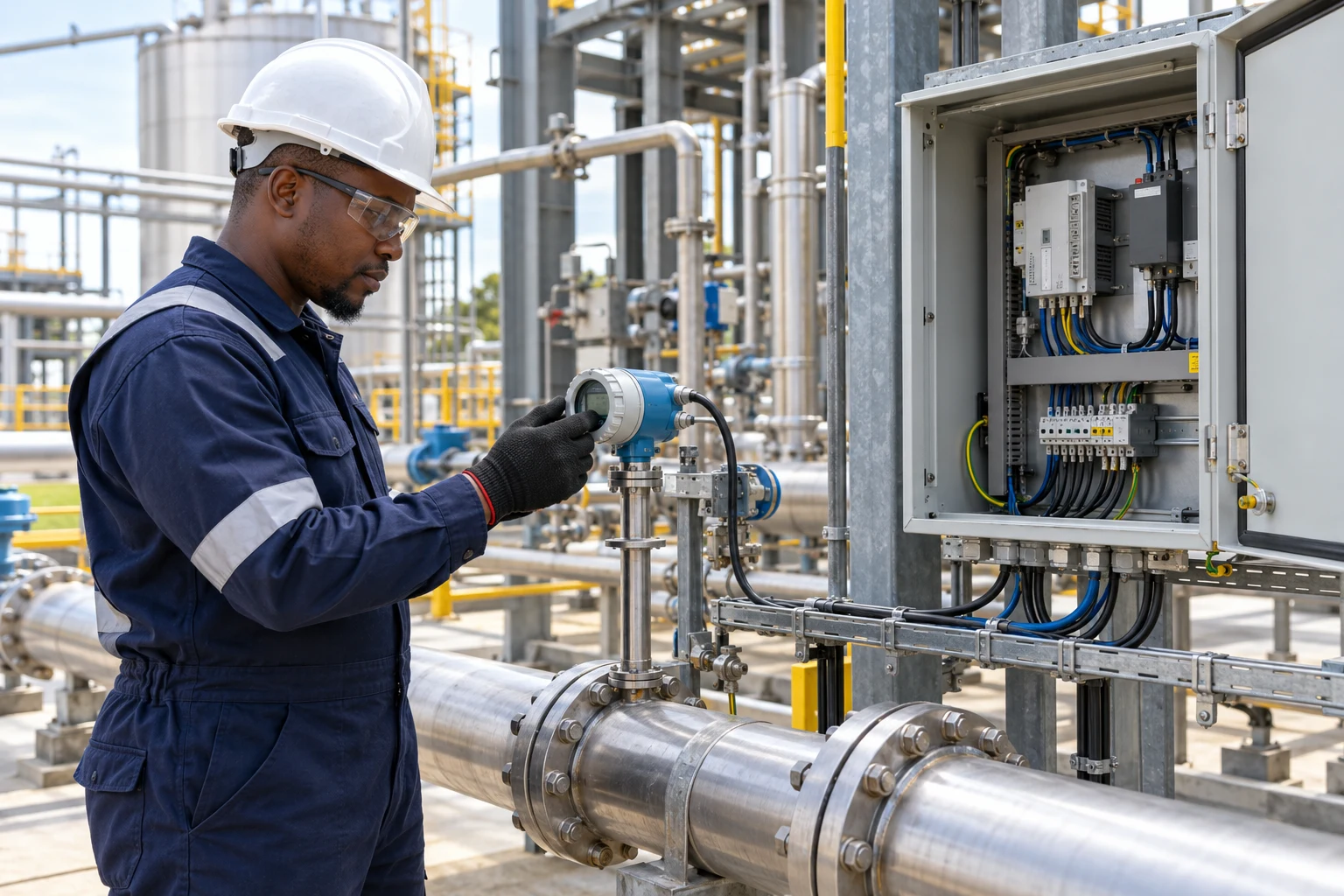 Technician inspecting telemetry equipment at an industrial plant